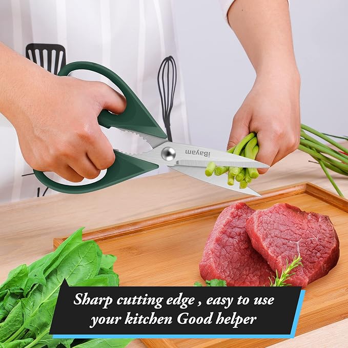 iBayam 2-Pack 8.5" Kitchen Shears, Heavy Duty, Cut Meat, Poultry, Herbs | Sharp Stainless Steel, Comfort-Grip Handles, Cuts Meat, Poultry, Herbs — 2-Pack, Dishwasher Safe, Built-In Bottle Opener