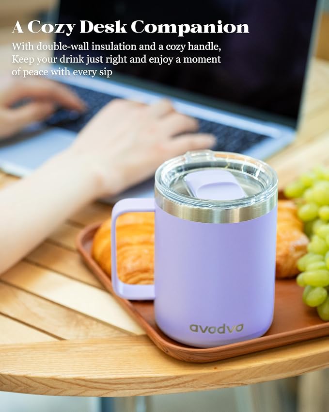 12oz Insulated Coffee Mug with Lid – Includes Two Lids, Stainless Steel Coffee Travel Mug with Handle, Double Wall Vacuum Insulated Camping Mug for Home, Office & Outdoor, Periwinkle Purple