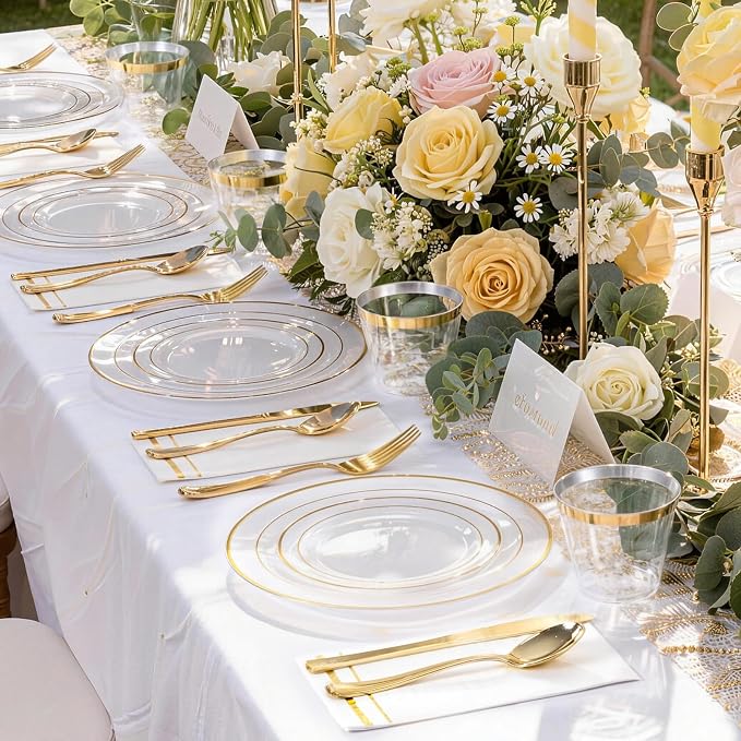 GATHER 350PCS Clear Plastic Plates with Gold Rim for Wedding and Party | Clear and Gold Disposable Dinnerware Sets include 100 Plates, 150 Silverware, 50 Napkins, 50 Cups for Anniversary Birthday