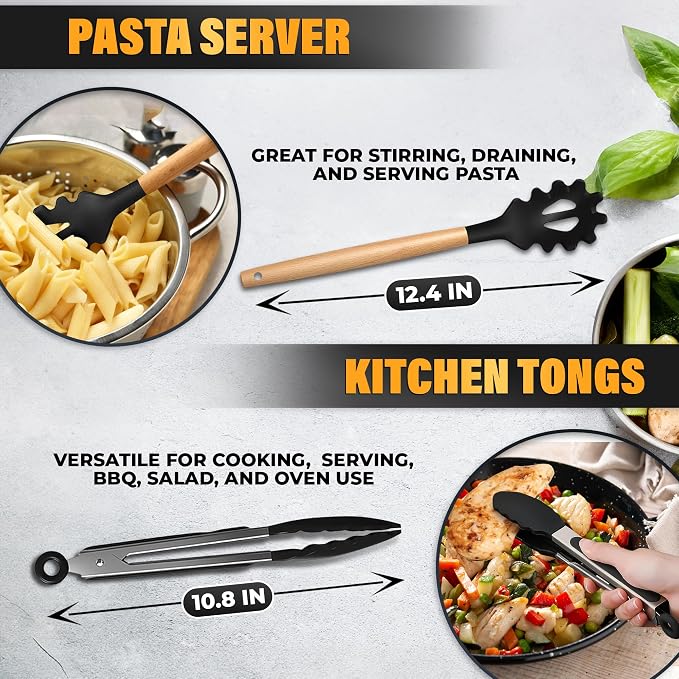 14 Pcs Black Kitchen Utensils Set with Holder for Nonstick Cookware | Silicone Cooking Utensils Set for BBQ; Heat-Resistant Tools with Wooden Handles for Baking, Serving, Frying, and Mixing