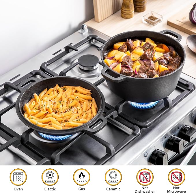 Velaze Cast Iron Dutch Oven with Skillet Lid, 2-in-1 Pre-Seasoned, 5QT | Dual Handles,for Bread Baking,Frying,Camping,Home Cooking Use,Non Stick Finish,Oven,Grill,Includes Tripod,Lid as Cooking Pan