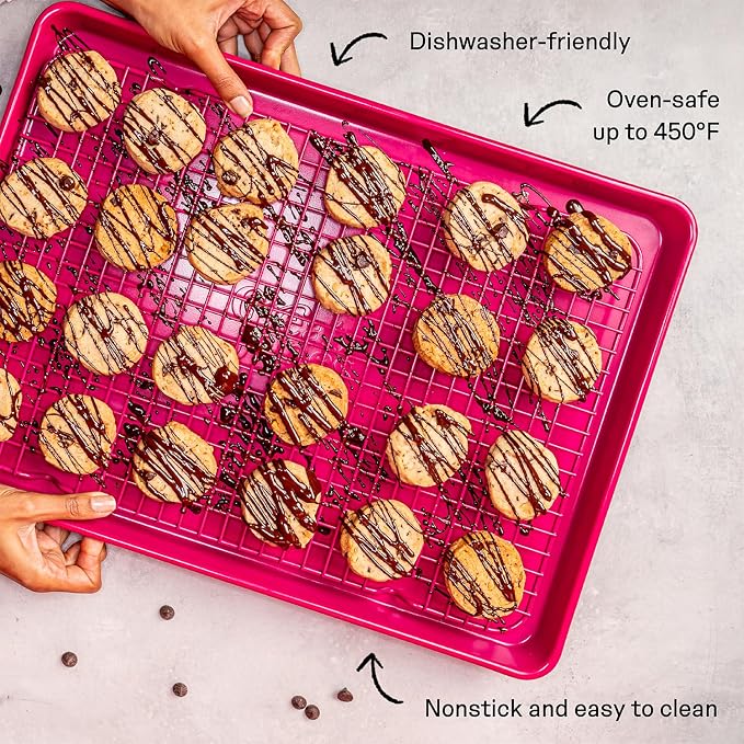 Great Jones Non Stick Wire Cooling Rack (Raspberry) – Fits Half Sheet | 16.9" × 11.4" Non Toxic Baking Rack, Heavy-Weight Aluminized Steel, Oven Safe 450 °F, Bacon & Cookie Cooling Rack