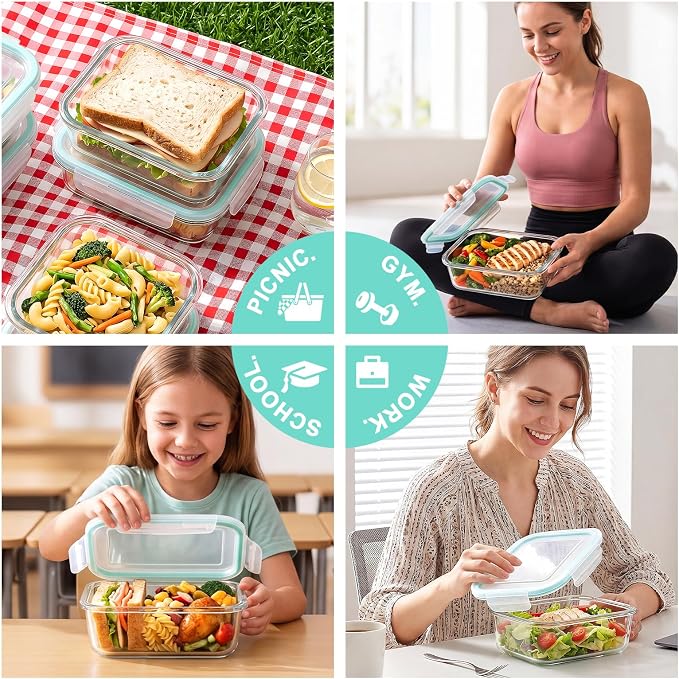 8 Pack Glass Food Storage Containers with Lids(Green) | Meal Prep Containers with Snap Locking Lids, Airtight Lunch Containers for Microwave, Oven, Freezer and Dishwasher, BPA Free