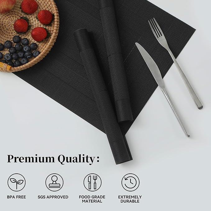 Leetaltree Black Frame Placemats Set of 24 - Heat Resistant Non-Slip Place mats for Dining Table, Washable Durable PVC Vinyl Woven Table Mats(Black Frame, 24)