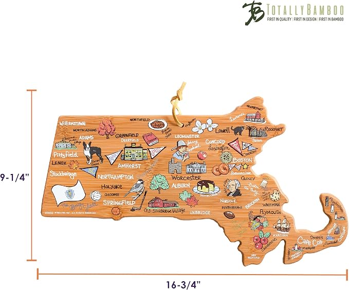 Totally Bamboo Massachusetts State Shaped Cutting Board, Art by Fish Kiss | State charcuterie board with colorful hand-drawn map artwork. Smooth reverse side for food prep. Hang tie for wall display.