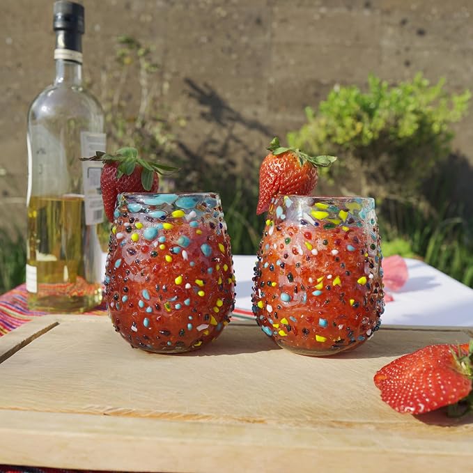 Confetti Dots Hand Blown Stemless Wine Glasses Set of 6 – Colorful Mexican Glassware – 16 oz Wine Glass – Hand Blown Mexican Drinking Glasses for Wine, Cocktails & Tequila