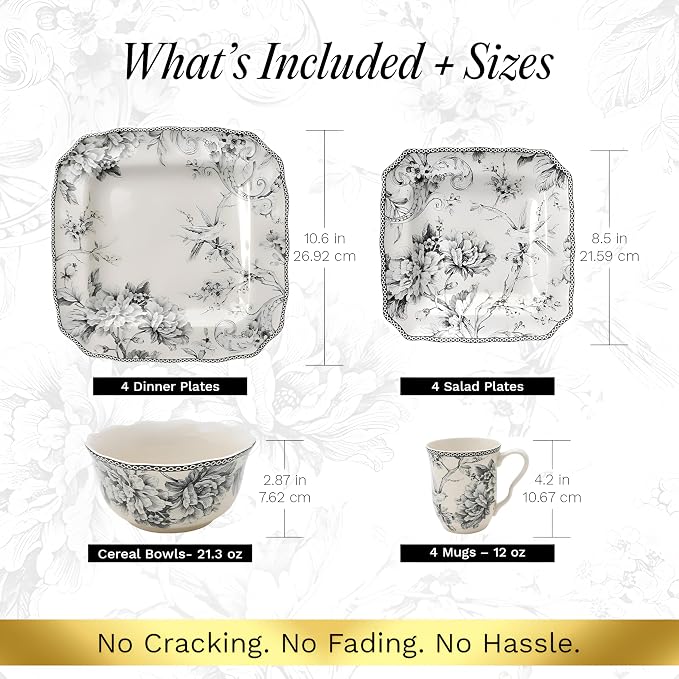 222 Fifth Adelaide Grey 16-Piece Floral Porcelain Dinnerware Set | Microwave and Dishwasher Safe Dining Set for 4 | Stackable and Chip-Resistant Plates Bowls and Cups | Gift for Housewarming & Wedding