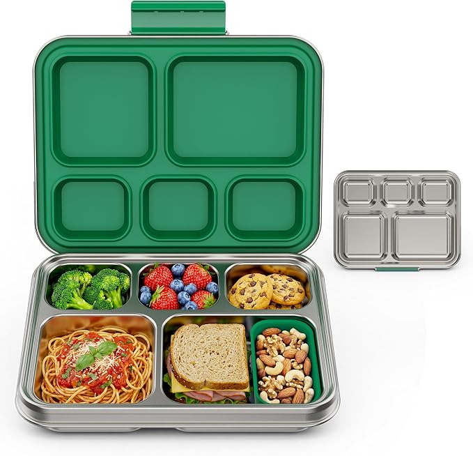 Pawtong Stainless Steel Lunch Box, 5-Compartment Bento Lunch Box for Kids & Adults,Metal Lunch Box with Removable Silicone Container, Lunch Box Containers for School,Office(Green)