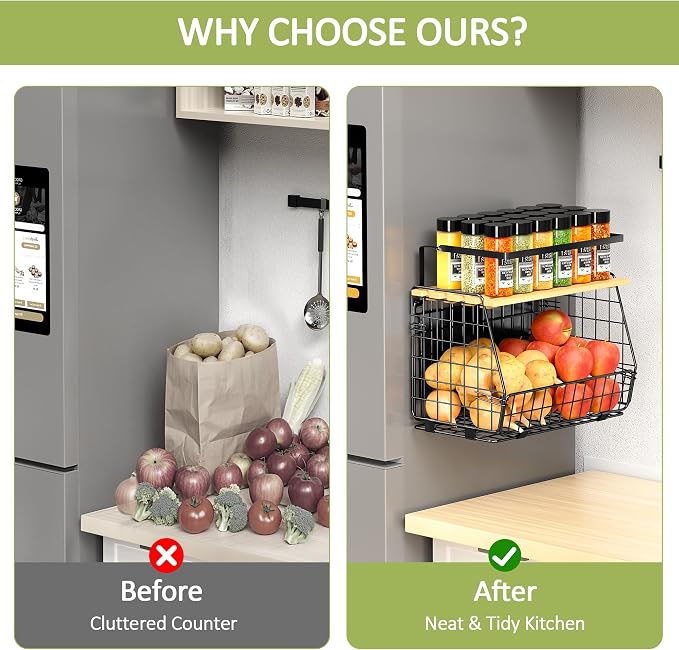 2 Pack Magnetic Shelf for Fridge, Fruit Potato Onion Storage Bins | Magnetic Basket with Lid, Side of Fridge Storage, Produce Basket for Fruits Vegetables Spices, Kitchen Pantry Organizer