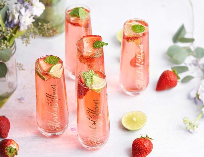 Bridesmaid Wine Glasses, Kook Bachelorette Party Champagne Glasses, 9.4 Oz (Bridal Set of 8), Stemless Glass Champagne Flutes, Cocktail Cups for Rose, Great for Weddings and Parties, Dishwasher Safe