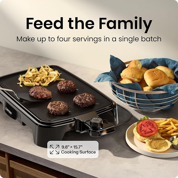 Chefman Electric Griddle with Removable Temperature Control, Immersible Flat Top Grill, Burger, Eggs, Pancake Griddle, Nonstick Easy Clean Cooking Surface, Slide Out Drip Tray, 10 x 16 Inch