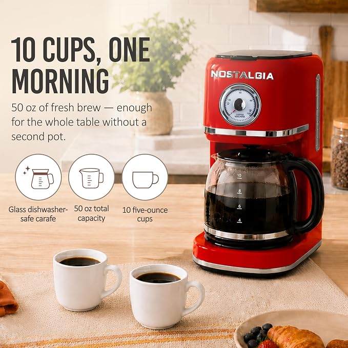 Nostalgia Classic Retro 10 Cup Coffee Maker - One-Touch Drip Brew, Reusable Filter - Anti-Drip, Auto Shutoff, & Time Display - Dishwasher Safe 50 oz Carafe - Red