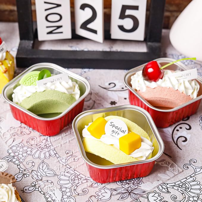 Mini Cake Pans with Lids, 60 Pack Red 5oz for Family Parties | Use for mousse layers, cheesecake squares, blondies and candies; organized pieces help speed up service lines.