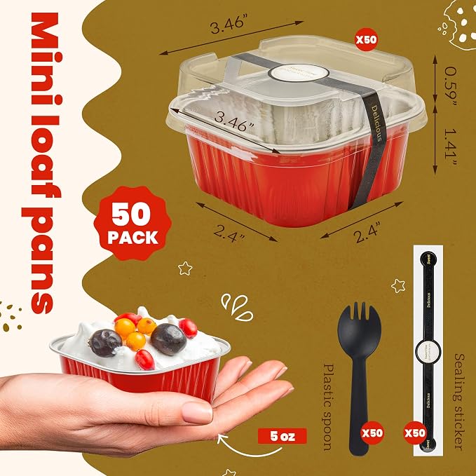 NPLUX Mini Cake Pans with Lids, 50 Pack Red 5oz for Family Parties | Fits bars, pudding, crumble and layered desserts; paired extras make serving details easier to finish.