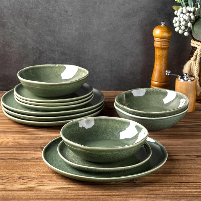 AmorArc Ceramic Dinnerware Sets for 6, 18Pcs Plates and Bowls Sets Dishes | Stoneware Handmade Reactive Glaze Dinner Set, Highly Scratch Resistant | Dishwasher & Microwave Safe Dishware