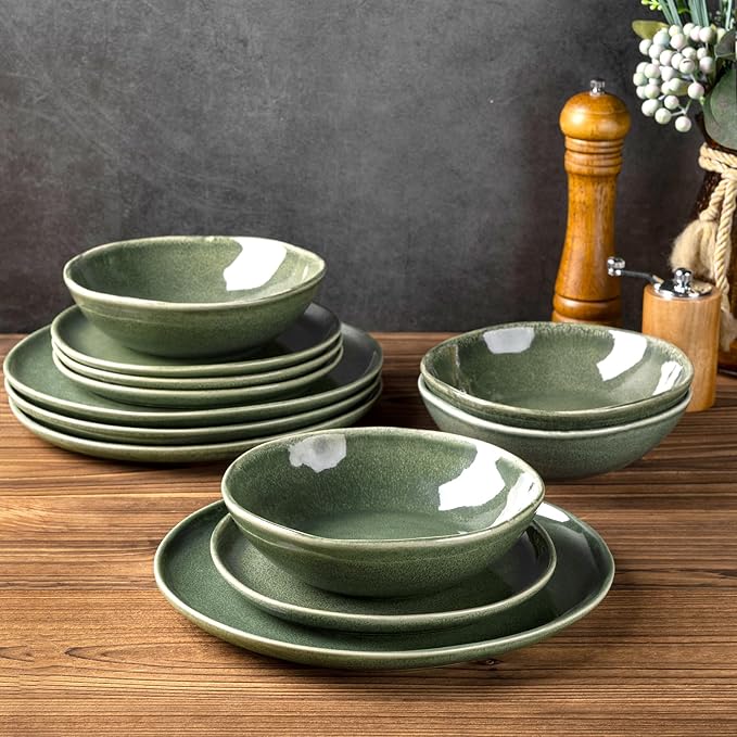 AmorArc Ceramic Dinnerware Sets for 8, 24Pcs Plates and Bowls Sets Dishes | Stoneware Handmade Reactive Glaze Dinner Set, Highly Scratch Resistant | Dishwasher & Microwave Safe Dishware