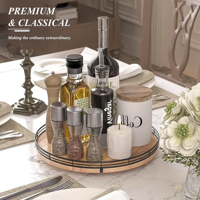 AMH 13-Inch Farmhouse Oak Lazy Susan Organizer for Table and Cabinet | Smooth rotating oak tray with walnut finish for dining tables, kitchen counters, pantries and cabinet storage.