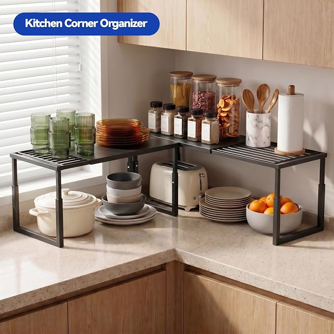 2 Packs Expandable Cabinet Shelf Organizer, Stackable Countertop Shelves | 15.8''- 25.5'' In Cabinet Shelf, Adjustable Kitchen Cabinet Organizer for Pantry Organizer, CupBoard Organizers and Storage