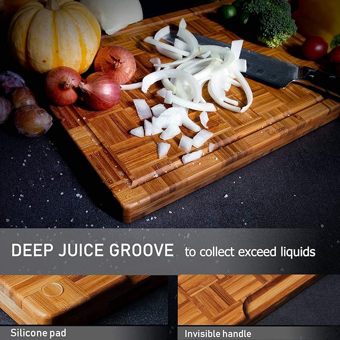 Kikcoin Extra Large Bamboo Cutting Boards, (Set of 3) Chopping Boards with Juice Groove Bamboo Wood Cutting Board Set Butcher Block for Kitchen, End Grain Serving Tray