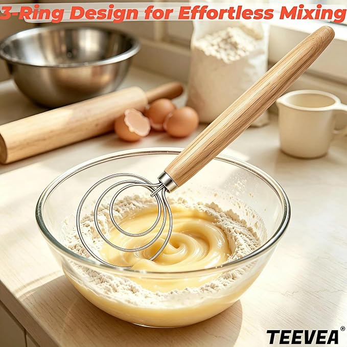 TEEVEA Danish Dough Whisk Wooden Handle Stainless Steel for Sourdough Bread | Dutch Dough Hook, Replaces Hand Mixer and Spoon, Bread Baking Tool, Food Grade Rust Resistant Steel, Non-Stick, Easy to Clean