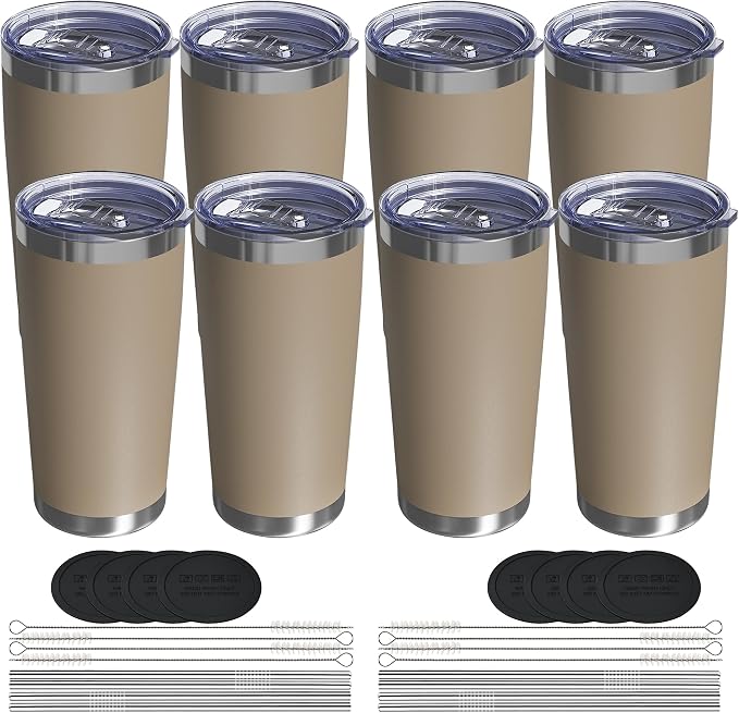 20oz Travel Coffee Tumbler 8 Pack, Lids and Straws, Stainless Steel | Double Wall Vacuum Insulated Tumbler, Coffee Mug for Hot & Cold Drinks, Fits Most Car Cup Holders, Brown