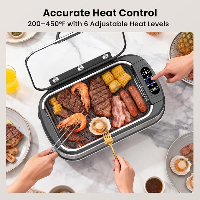 Electactic Smokeless Electric Grill & Griddle for Indoor Cooking, Nonstick Contact Grill with 6-Level Temperature Control, Dishwasher Safe Plates, Auto Shut-Off, Ideal for Kitchen, Apartment, Home