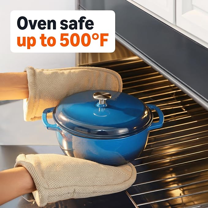 Amazon Basics Enameled Cast Iron Dutch Oven Pot with Lid, Round, Dual Handles, Heavy-Duty, Oven Safe for Stews, Roasting, Baking,4.3-Quart, Blue