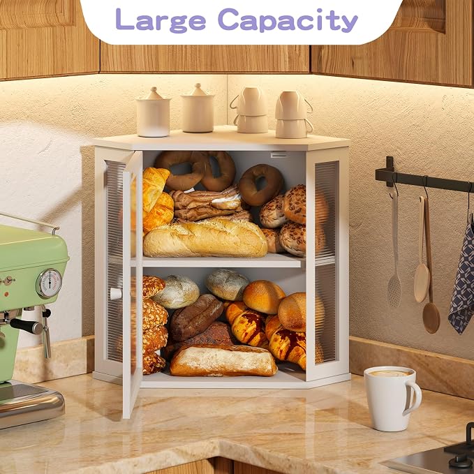 Corner Bread Box for Kitchen Countertop, Farmhouse Style with Acrylic Wavy Door Panel White Counter Bread boxes, Extra Large Food Storage Container