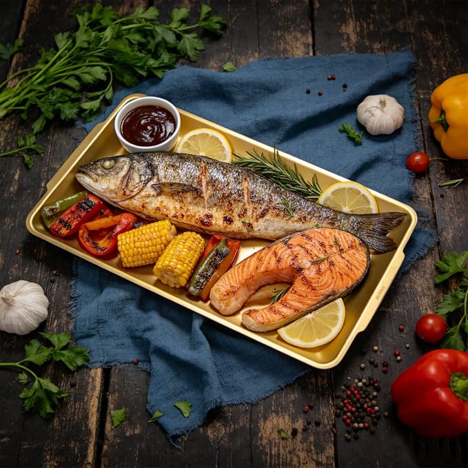 2Pcs 304 Stainless Steel Food Serving Trays, 12.6" Rectangular Gold Platters, Rectangle Versatile Organizer Serving Tray Platter for Kitchen Party Dining Buffet Gatherings Outdoor Events