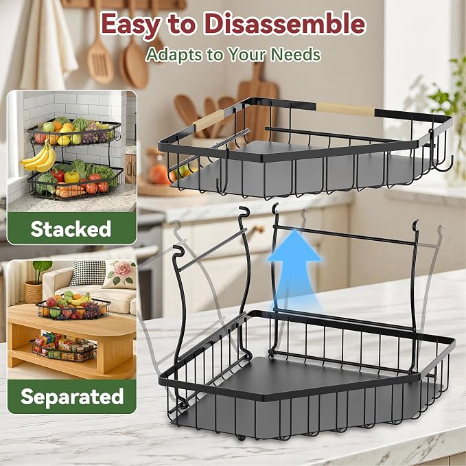 2 Tier Fruit Basket for Kitchen Counter with 2 Banana Hangers for Corner | Detachable Metal Fruit Bowl with Wooden Handle, Large Capacity Fruit Stand for Bread Fruit and Vegetable Storage, Black