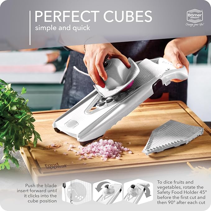 Mandoline Food Slicer Börner V5 (Starter Set) by Reston Lloyd • V-Slicer with Food Holder • Made in Germany • Fruit & Vegetable Chopper • Multiple Settings • Color: White