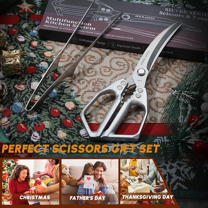 Huusk Kitchen Scissors and Cooking Tong, Kitchen Shears Set all Purpose | Stainless Steel Meat Scissors and BBQ Tongs Set for Food, Comfortable Handles, Dishwasher Safe, Gifts for Women