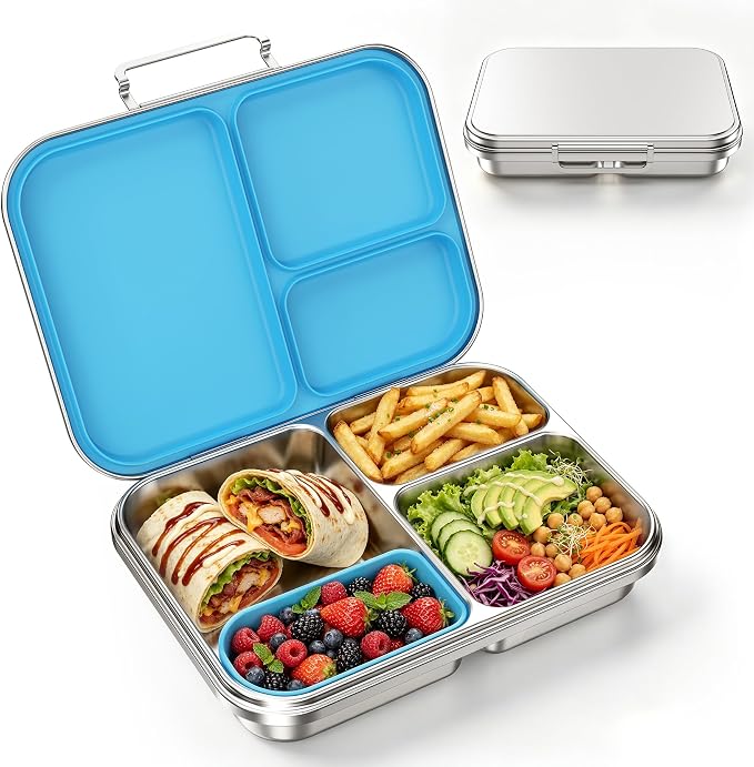 Stainless Steel Bento Lunch Box for Kids and Adults,3 Compartment Meal Lunch Box with Detachable Silicone Lid,Leak-Resistant Food Container with Snack Cup for School,BPA-Free(Blue)