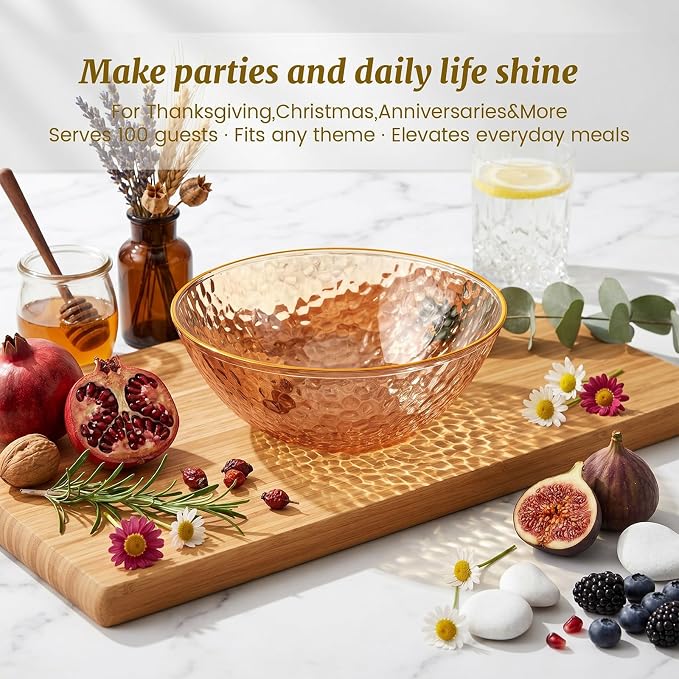 Rubtlamp 30 Pack Amber Disposable Bowls, Amber Plastic Bowls with Gold Rim, 12-16oz Premium Heavy Duty Plastic soup Bowls for Party, Wedding and Holiday