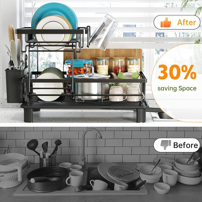 2 Tier Large Detachable Dish Drying Rack for Kitchen Counter,Black | Compact Drying Rack Kitchen, Rust-Resistant Dish Drainer Organizer, Space-Saving Dish Racks with Drainboard, Utensil Holder