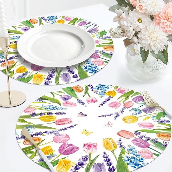 50PCS Summer Paper Placemats Floral Disposable Paper Placemats | Tulip & Lavender Round Table Mats for Birthday Wedding Baby Shower Party Decoration
