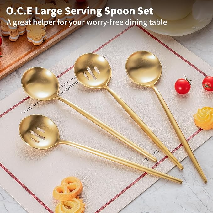 O.C.E. 4 Pcs Serving Spoons Set,Includes 2 Serving Spoons and 2 Slotted Spoon,Large Spoon for Catering Buffet,Matte Gold Utensils,Dishwasher Safe,10.3 Inches