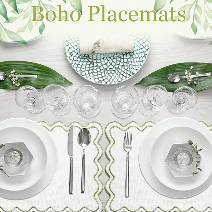 HunnmingRe White with Green Set of 6 Cotton Linen Wedding Placemats, 13x19 Inch Scalloped Wavy Embroidery Placemat Double Layered Washable Rustic Rectangle Dinner Table Mat for Home Decor
