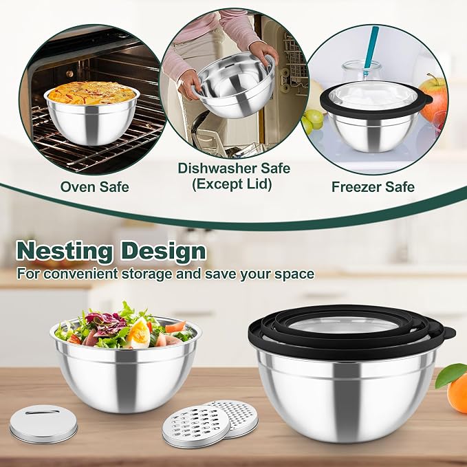 TeamFar Mixing Bowls, Stainless Steel Salad Serving Bowl with Clear Lids | with 3 Graters, For Kitchen Cooking Prepping Storing, Size 4.6/2.6/1.5/1/0.7 QT, Nesting & Airtight, Set of 5 & Black