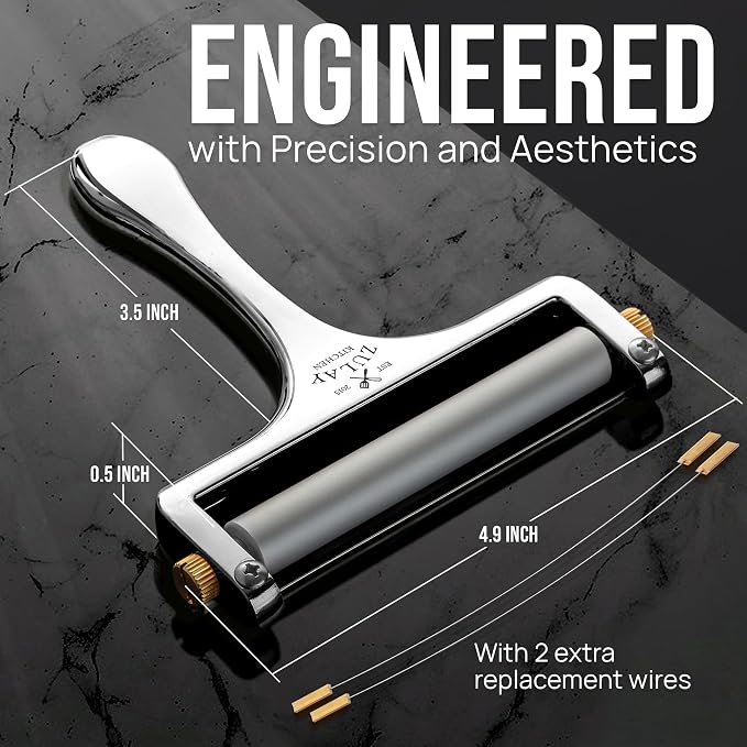 Zulay Kitchen Stainless Steel Wire Cheese Slicer - Adjustable Hand Held Cheese Cutter with 2 Extra Wires - Premium Cheese Knife for Mozzarella, Cheddar, Gruyere - Cheese Cutter with Wire (Silver)