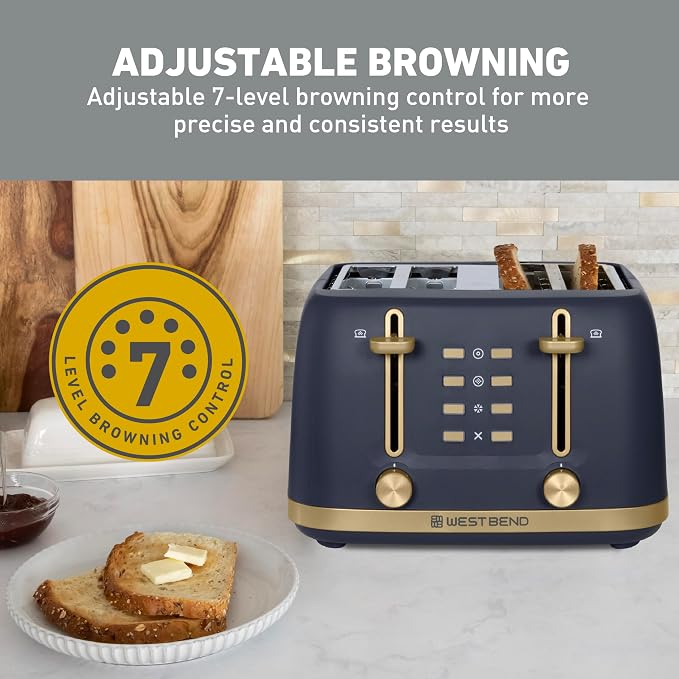 West Bend Timeless 4-Slice Toaster with 7 Browning Levels, Bagel/Waffle/Defrost Settings, High-Lift Lever, Anti-Jam, Easy-Clean Crumb Tray, 4-Slice, Blue/Gold