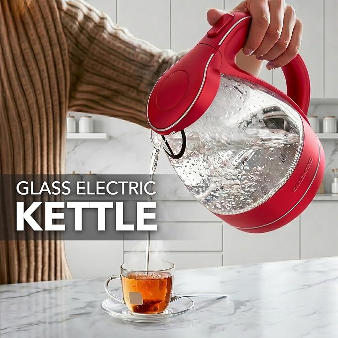 OVENTE 1.5L Glass Electric Kettle Water Boiler, Red KG83R