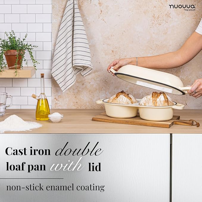 Dutch Oven For Sourdough Bread Baking – Enamelled Cast Iron Bread Loaf Pot – 500°F Oven Safe Non Stick Bread Pot – Double Round Loaf Space, 16.5cm Diameter, Cream, – by Nuovva