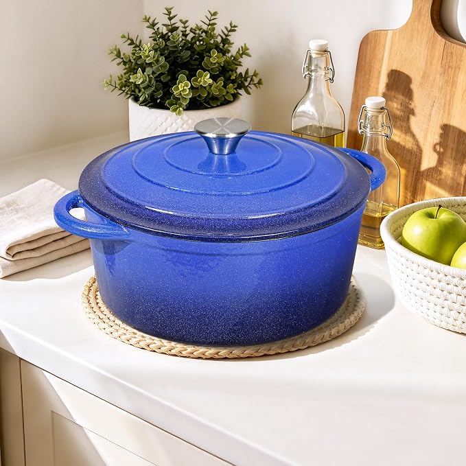 5 QT Enameled Cast Iron Dutch Oven Pot with Lid & Gold Powder | Dutch Oven for Sourdough Bread Baking, Braising, Stews, Roasting, Oven Safe up to 500° F, Blue Kitchen Cookware with Handls