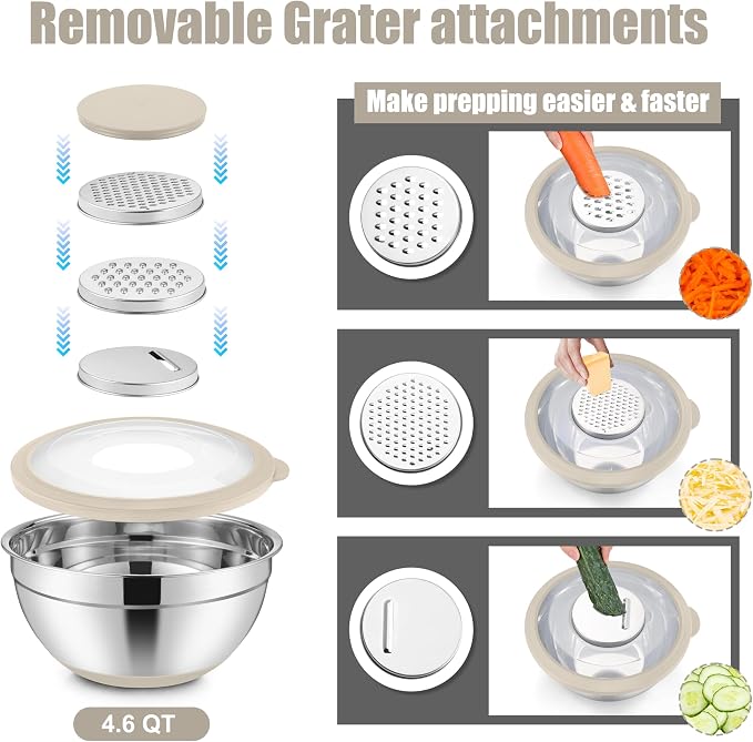 E-far Stainless Steel Mixing Bowls with Lids & Colander, 15PCS | Nesting Mixing Bowl with Non-Slip Bottom & 3 Metal Grater, For Kitchen Prep Baking Storage, 4.6, 3, 1.5, 1, 0.7QT, Khaki