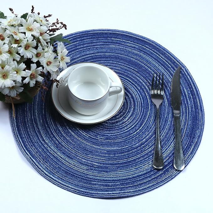 Topotdor 14 Inch Round Placemats Heat-Resistant Stain Resistant Anti-Skid Washable Polyproplene Table Mats Placemats (Set of 6, Blue)