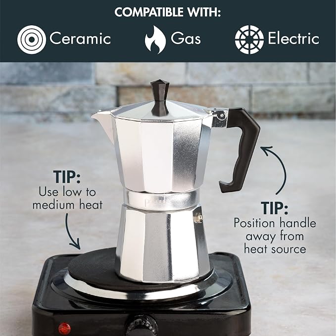 Primula Classic Stovetop Espresso and Coffee Maker, Moka Pot for Italian and Cuban Café Brewing, Greca Coffee Maker, Cafeteras, 6 Espresso Cups, Silver