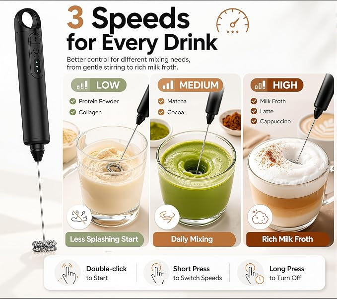 Rechargeable Milk Frother Handheld 3 Speed Coffee Foamer [3 Whisk] Electric Drink Mixer for Latte, Cappuccino, Coffee, Eggs, Hot Chocolate, Protein Black