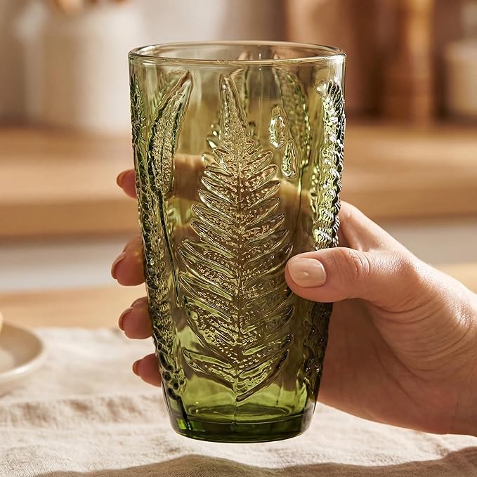 Green Drinking Glasses Set of 4, 16 oz Glass Cups, Vintage Fern Glassware | Hand-Pressed, Dishwasher Safe, Boho Leaf-Textured Drinkware, Embossed Highball Tumblers for Water, Retro Kitchen Gift