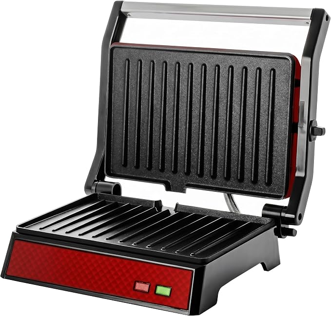OVENTE Electric Indoor Panini Press Grill + Sandwich Maker, Red GP0620R | Opens 180 Degrees to Fit Any Type or Size of Food, 1000W Indoor Cooking Perfect for Quesadillas, Burgers & More